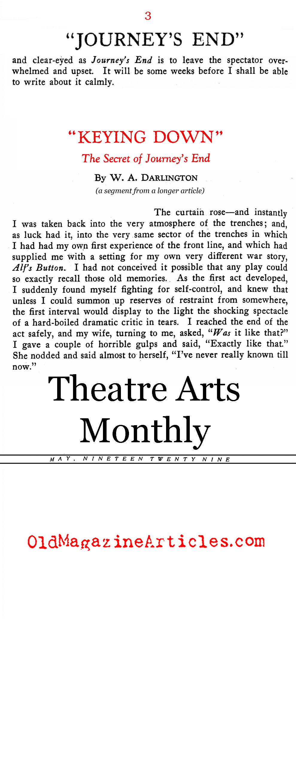 JOURNEY'S END by R.C. Sheriff (Theatre Arts Magazine, 1929)